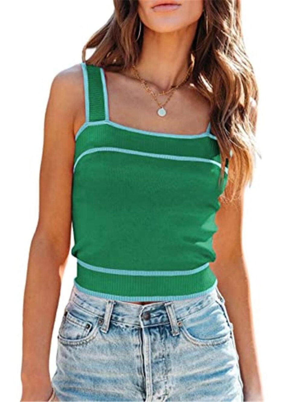 Womens Square Neck Crop Top Knit Tank Top Y2K Sleeveless Summer Shirt